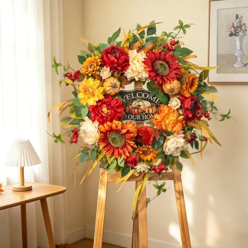 24 Inch Fall Wreath for Front Door，Rustic Harvest Autumn Wreath - Image 5