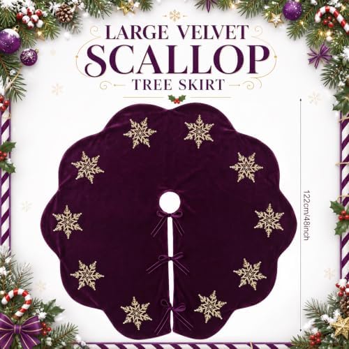 Hollowfly Purple Velvet Christmas Tree Skirt with Sequin Snowflake 48'' - Image 2
