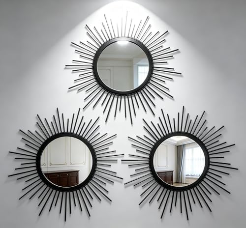 Black Sunburst Mirror Set of 3, 3PCS Metal Round Decorative Wall Mirrors, Starburst Accent Mirror Wall Decor for Living Room, Entryway, Bedroom & Hallway by HMANGE