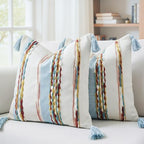 PANOD Chenille Farmhouse Throw Pillow Covers 18 x 18 Blue Brown, Neutral Boucle Couch Pillow Cover, Striped Decorative Boho Coushion Cover Pillow Case for Couch Bed Sofa Bedroom,Modern Accent,Set of 2 by PANOD