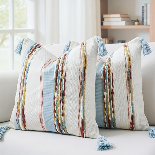 PANOD Chenille Farmhouse Throw Pillow Covers 18 x 18 Blue Brown, Neutral Boucle Couch Pillow Cover, Striped Decorative Boho Coushion Cover Pillow Case for Couch Bed Sofa Bedroom,Modern Accent,Set of 2 by PANOD