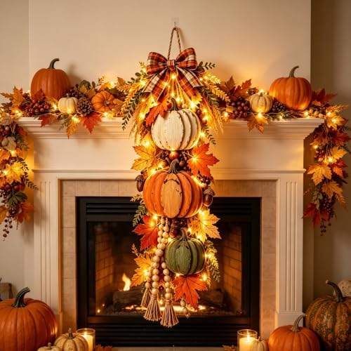Rustic Harvest Wooden Door Hanger, Pumpkin Maple Fall Bowknot Wall Hanging Sign with Light Autumn Wreath Decorations, Wreath Farmhouse Porch Front Door Home Gift (Orange#4) - Image 2