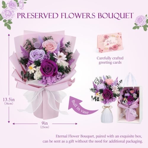 Flowers for Delivery Prime Preserved Flowers Bouquet with Vase That Last 3-5 Years Real Forever Flowers Purple Rose Bouquet for Mom Mother Women Wife Friends Birthday Mothers Day Gifts - Image 5
