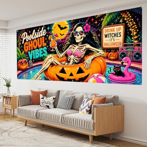 Halloween Garage Door Banner 7x16 FT - Poolside Ghoul Vibes Skeleton gi-rl Cover, Tropical Summerween Pink Flamingo Pumpkin Backdrop Decor for Double Car Garage Door Outdoor Beach Party - Image 7