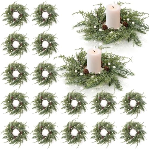 18 PCS Christmas Wreath Candle Rings Mini Wreath Pine Garland Artificial Frosted Cedar and Pine Cone Candle Rings Holder for Christmas Wedding Home Table Centerpiece Door Window Chair Wall by Unknown