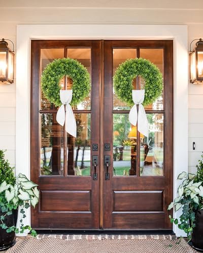 22 Inch Artificial Boxwood Wreaths for Front Door with Sash Outdoor Summer Wreath for Front Door, Spring Green Wreath UV Resistant Waterproof for Wall Window Porch Farmhouse Wedding Year Round - Image 6