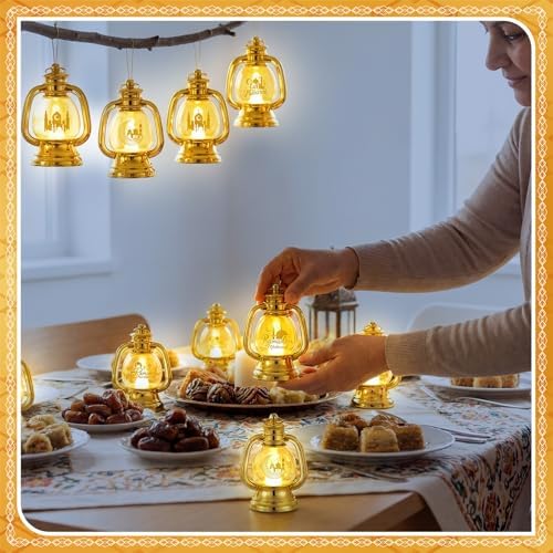 ROCEEI 24 Pcs Ramadan Eid Lantern Mini Gold Lanterns Decorative with LED Candles Small Eid Mubarak Decor Vintage Hanging Lantern Lights for Home Table Centerpiece Party Gift - Image 6