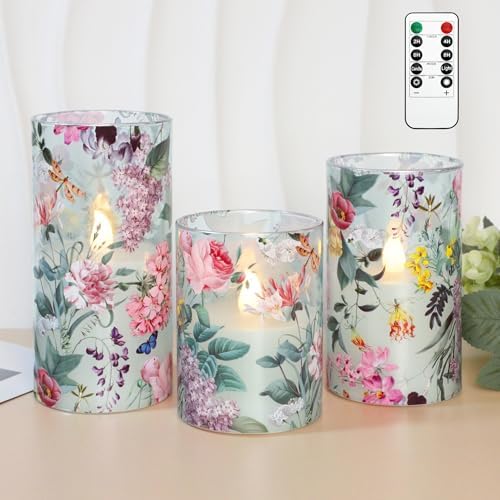 Floral Flameless Candles with Remote Timer, Pink Rose and Lilac Pattern LED Glass Candles, Battery Operated for Home Party Wedding Christmas Spring Valentine's Day Decor, Set of 3 by Silverstro