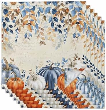Fall Blue Pumpkins Cloth Napkins Set of 6 Reusable Dinner Napkins, Thanksgiving Cocktail Napkin, Orange Gray Botanical Rustic Washable Table Napkins for Wedding/Party/Baby Shower 20"x20" by Unknown