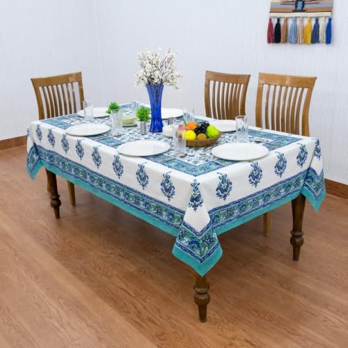 Home Spun & Crafts 48x102 Inches Rectangle Hand Block Print Tablecloth, 100% Cotton, White Blue Floral Table Cloths Washable, Traditional Indian for Dining Outdoor Thanksgiving Halloween Christmas - Image 3