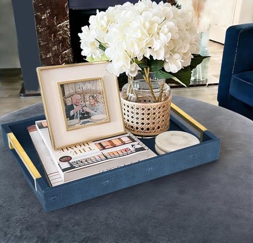 HofferRuffer Faux Leather Serving Tray with Gold Metal Handles, Stylish Decorative Tray Organizer for Coffee Table, Ottoman, Home Decor and Serving (Blue Shagreen, 16.2" x 12.2" x 2") - Image 5