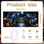 Halloween Garage Door Banner 16x7 ft Outdoor Spooky Haunted Castle Backdrop Cover Large Cemetery Gravestone Pumpkin Jack-O-Lantern Full Moon Bats Skulls Holiday House Wall Party Decorations - Image 2