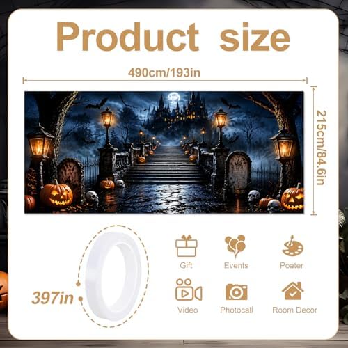 Halloween Garage Door Banner 16x7 ft Outdoor Spooky Haunted Castle Backdrop Cover Large Cemetery Gravestone Pumpkin Jack-O-Lantern Full Moon Bats Skulls Holiday House Wall Party Decorations - Image 2