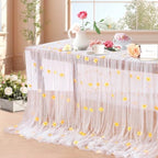 3 Pack Yellow Pearl Tulle Tablecloths 10ft Floral Sheer Table Overlays by LuoluoHouse