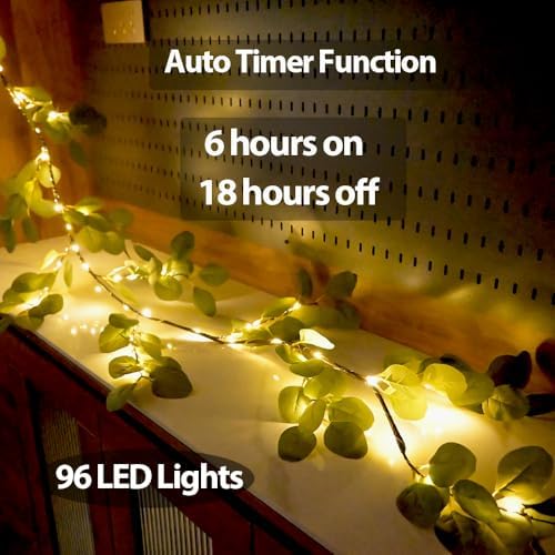 6.56FT Eucalyptus Garland with Lights 96 LEDs 8 Modes Battery Operated with Timer Faux Twig Vine Lights Spring Greenery Garlands for Mantle Fireplace Wall Table Stairs Wedding Party Bedroom Home Decor - Image 3