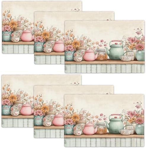 Flower Spring Placemats Set of 6, 12x18 Inch Floral Summer Table Place Mat Washable Non-Slip Heat Resistant Fabric Placement Mats for Party Dining Kitchen Indoor Outdoor Decor by UIAMT