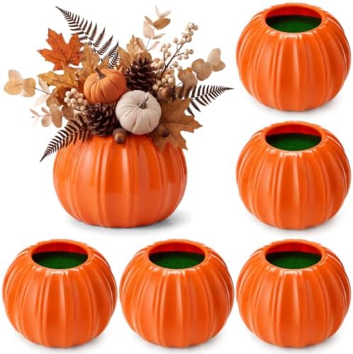 Orange 6 Pack Plastic Pumpkin Vase 5.12 x 3.94 in Artificial Fall Flower Pot with Foam Pumpkin Planter for Artificial Flower Floral Arrangement Home Party Harvest Thanksgiving Autumn Table by Romooa