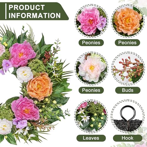 24 Inch Spring Summer Wreaths for Front Door: Realistic Silk Peonies & Hydrangeas with Berry Greenery, Faux Flower Wreath for All Seasons Indoor Outdoor Decor for Porch Wall Wedding Farmhouse Home - Image 2