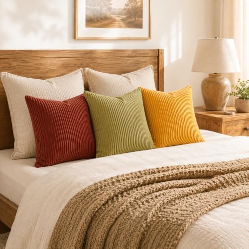 Topfinel Fall Burnt Orange Decorative Throw Pillows Covers 24x24 Inch Set of 4,Yellow Green Gradient Series Corduroy Striped Square Pillow Case,Western Modern Cushion Cover for Couch Sofa Bedroom - Image 7