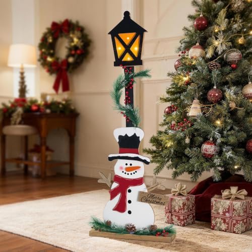 Glitzhome 36.75" H Lighted Christmas Snowman Porch Sign,Whimsical Wooden Porch Decor with Illuminated Street Lamp & Timer,Merry Christmas Sign for Holiday Front Porch Outdoor Decorations - Image 4