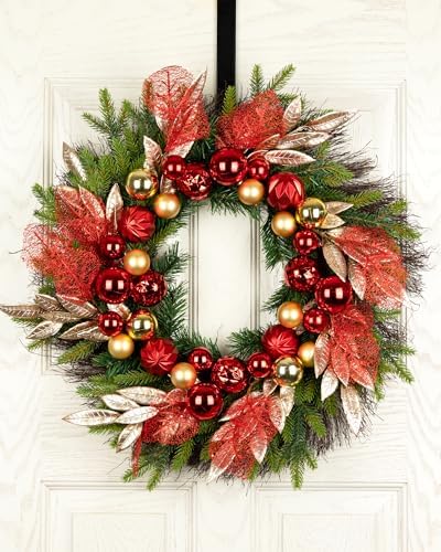 26” Christmas Wreath with Lights Hanger for Front Door Golden Red Balls Gilded Forest Foliage Artificial Evergreen Fir Winter Outdoor Décor Indoor Wall Decorations - Image 2