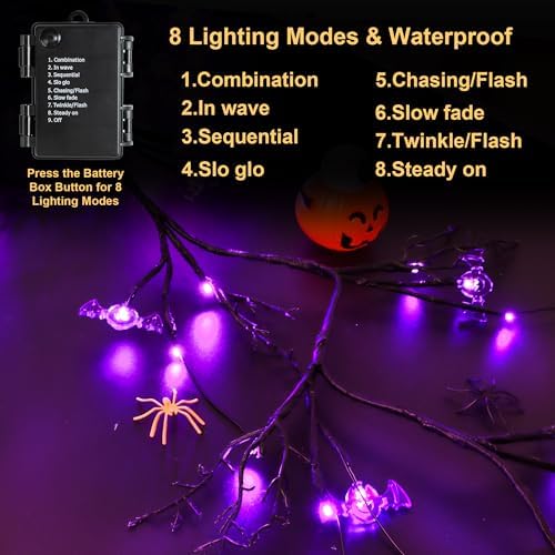 9 FT 72 LED Halloween Willow Vine Twig Decor Garland With Bats Purple Lights - Timer & 8 Modes - Battery Operated Lights for Indoor Decorations, Home, Mantle, Fireplace - Image 5