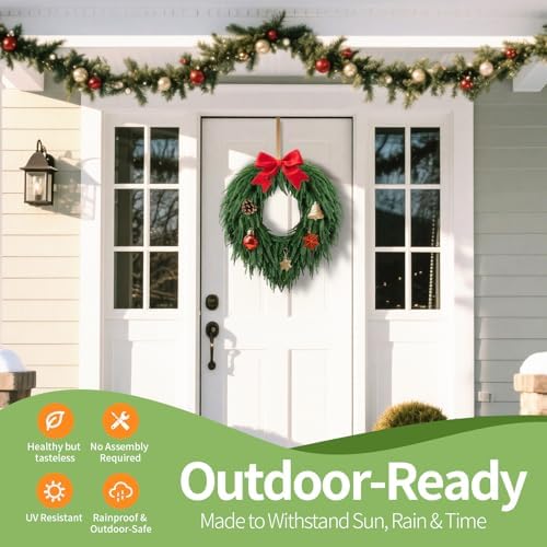 24" Norfolk Pine Christmas Wreath for Front Door – Large Artificial Greenery Wreath for Wall, Porch, or Indoor Outdoor Holiday Decor – Real Touch Pine Foliage (1, 24") - Image 2