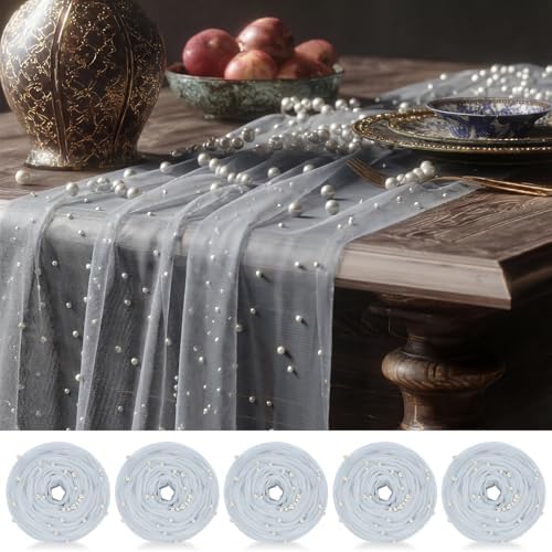 Light Gray 10 Pcs Pearl Gauze Table Runner 120 Inch 10ft Pearl Sheer Tulle Table Cloth Centerpieces for Home Wedding Birthday Bridal Baby Shower Party Favor Holiday Dining Decorations by Unknown