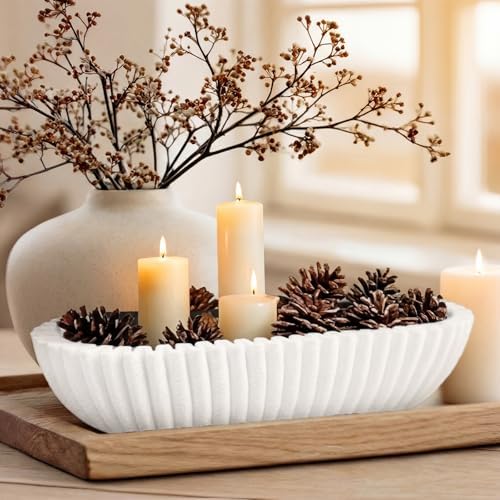 Large Decorative Bowl for Home Decor Long Dough Key Bowls Coffee Table Decor Centerpiece White Ruffle Scalloped Resin Modern Handicraft Bowl for Kitchen Counter Farmhouse Entryway - Image 3