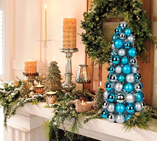 16" Small Christmas Tree, Mini Tabletop Xmas Tree with 94 Shatterproof Christmas Ornaments Balls for Christmas Decorations Holiday Party Centerpiece -Teal Silver - Image 2