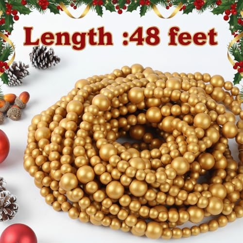 48Ft Christmas Wood Bead Garland Rustic Holiday Decor for Tree (Gold) - Image 2