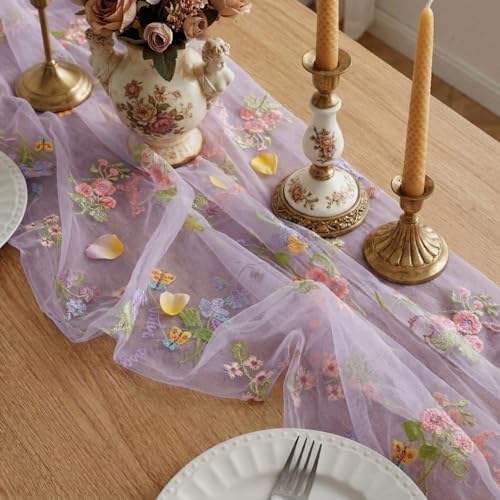 Purple Floral Table Runner 10ft Embroidery Wildflower, 10 Pcs - Image 3