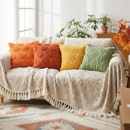 Tiamon 4 Pcs Fall Throw Pillow Covers 18 x 18 Inch Autumn Pillow Cases 3D Embroidered Pumpkin Leaf Plush Fluffy Faux Fur Cushion Covers for Thanksgiving Harvest Decoration Farmhouse Home Sofa Couch - Image 4