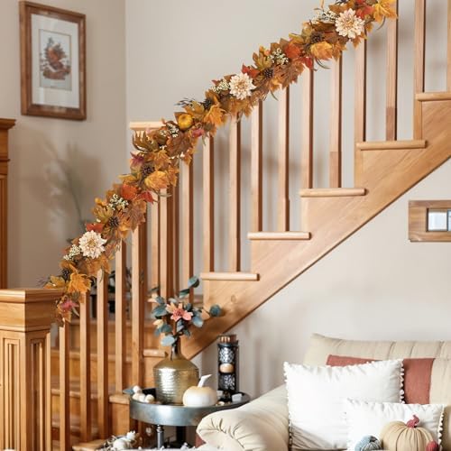 Fall Garland 6Ft Lifelike Autumn Maples Leaf Pumpkin Garland with Berries Pine Cones, Fall Decorations for Home Thanksgiving Halloween Fireplace Farmhouse Porch Indoor Outdoor Decorations - Image 4