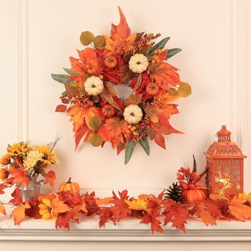 Fall Wreaths for Front Door, DECSPAS 21" Thanksgiving Fall Wreath with Maple Leaves Pumpkin Berries, Autumn Decorations for Home, Artificial Harvest Door Wreath Outside, Window, Wall, Mantel Decor - Image 2
