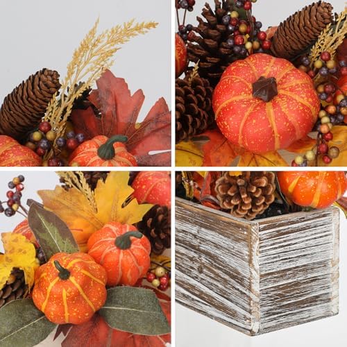 DILATATA Fall Decor Autumn Harvest Pumpkins Centerpiece - Artificial Maple Leaves, Berries and Pinecones Arrangement in Rectangle Wooden Box for Thanksgiving Party Mantel Fall Decor - Image 3