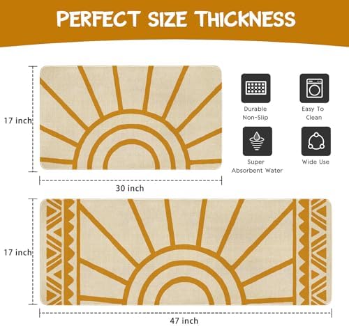 Boho Kitchen Mat Set of 2,Modern Farmhouse Sun Kitchen Rugs and Mats Non Skid Washable,Bohemia Runner Rugs with Rubber Backing for Kitchen Decor Accessories (17"x47"+17"x30") - Image 3