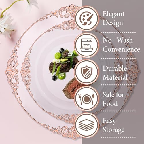 Nervure 175Pcs Rose Gold Plates, Disposable Party Plates for 25 Guests - Image 6