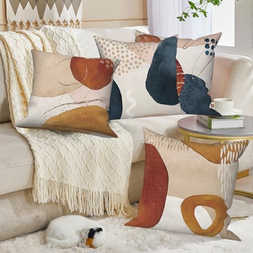 4 Pcs/Set Boho Abstract Pillow Covers Bohemian Orange Navy Blue Golden Line Geometric Modern Home Decor Linen Throw Pillow Covers for Outdoor Couch Sofa Farmhouse Bedroom Decor, 24"x24" - Image 3