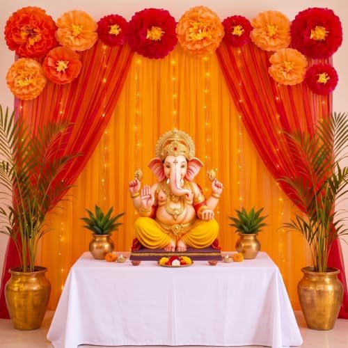 Indian Pooja Backdrop Decoration Set, Diwali Backdrop 4 Orange Red Tulle Drapes and 12 Paper Flowers, Mehndi Home Decorations for Varalakshmi, Haldi, Puja, Festival Decor by Unknown