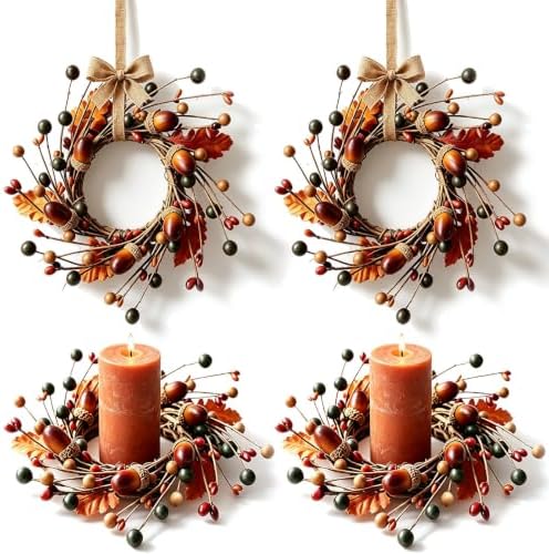 4 Pcs Mini Fall Candle Ring Wreaths Autumn Acorns Berries Mixed Oak Leaves Artificial Pillar Candle Holder Wreath for Farmhouse Thanksgiving Harvest Porch Front Door Cabinets Table Decoration by Unknown