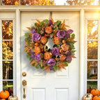 24 Inch Harvest Fall Wreath for Front Door Outside with Orange Purple Peony - Image 3