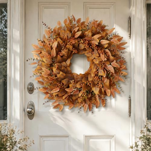 26" Fake Fall Eucalyptus Wreath with Berry for Front Door Decor(Orange) - Image 2