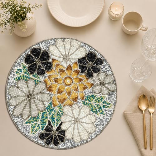 Lightnpro Flower Beaded Placemats Round, Rustic Farmhouse Hand Beaded Floral Placemats to Decorate Christmas Xmas Wedding Family Party Thanksgiving Dinner Table Décor - 13 Inch - Brown Combo - Image 2