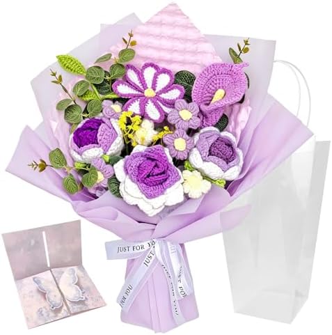 Crochet Flower Bouquet, Purple Handmade Knitted Flowers with Card by EMORBALS