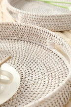 HITOMEN 14.2" Hand-Woven Round Rattan Serving Tray Decorative Ottoman Wicker Platter with Handles for Coffee Table, Breakfast, Drinks, Snack, Bread, Fruit, Vegetables (Whitewash-L) - Image 3