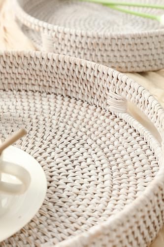 HITOMEN 14.2" Hand-Woven Round Rattan Serving Tray Decorative Ottoman Wicker Platter with Handles for Coffee Table, Breakfast, Drinks, Snack, Bread, Fruit, Vegetables (Whitewash-L) - Image 3