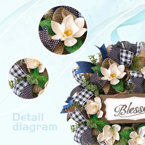22 Inch Spring Wreath Blessed Magnolia Wreath with Buffalo Check and Burlap Ribbon - Farmhouse Front Door Wreaths Decor for All Seasons - Rustic Home Wall Porch Decor - Image 2