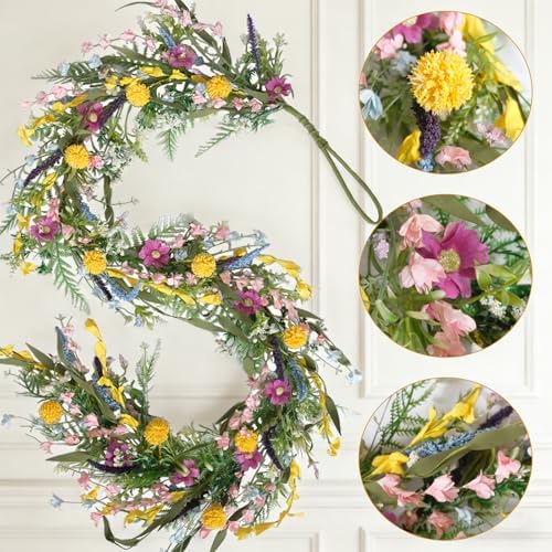 70-Inch Spring Summer Flower Garland for Mantle, Floral Garland with Colorful Wildflowers, Forsythia & Lavender Flowers for Decor, All Year Round Artificial Flower Garlands for Home Decor - Image 2