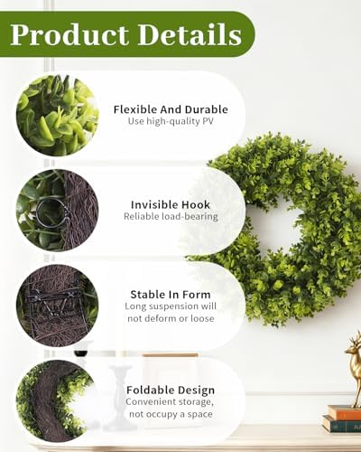 24in Boxwood Wreath for Front Door,Green Wreaths,Greenery Summer Wreath for All Season,Farmhouse, Outdoor, Porch, Garden, Wedding Decor - Image 4